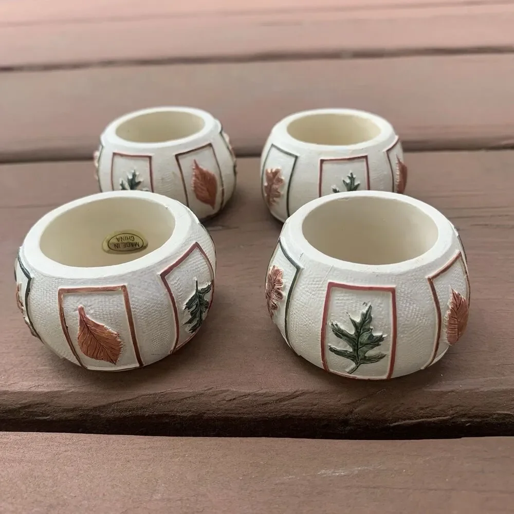 Vintage Napkin Rings 2” (4) Resin Leaves 3-D Autumn COTTAGE BOHO Thanksgiving